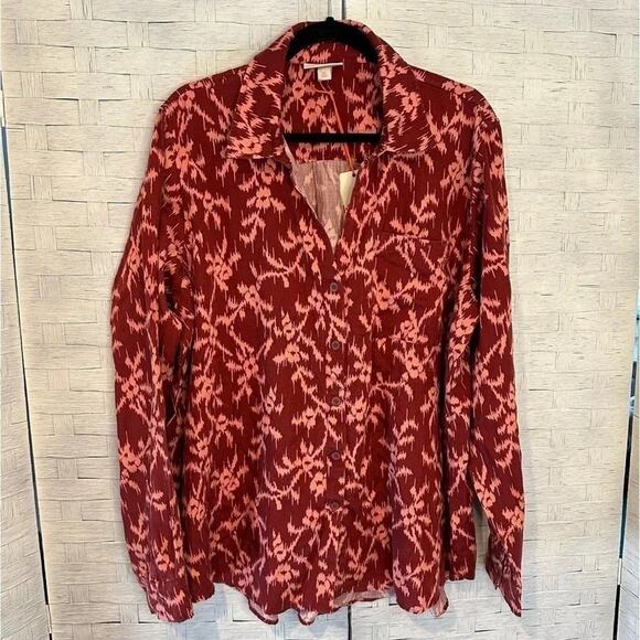 Knox Rose women’s Dark red and pink Button up Long Sleeve Blouse plus size - Picture 1 of 9